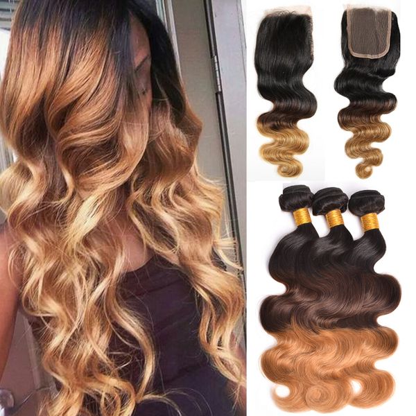 

ombre человеческих волос пучки с закрытие объемная волна связки с закрытием перуанский волос remy выдвижения волос три тона 1b / 4/27 beyo, Black;brown