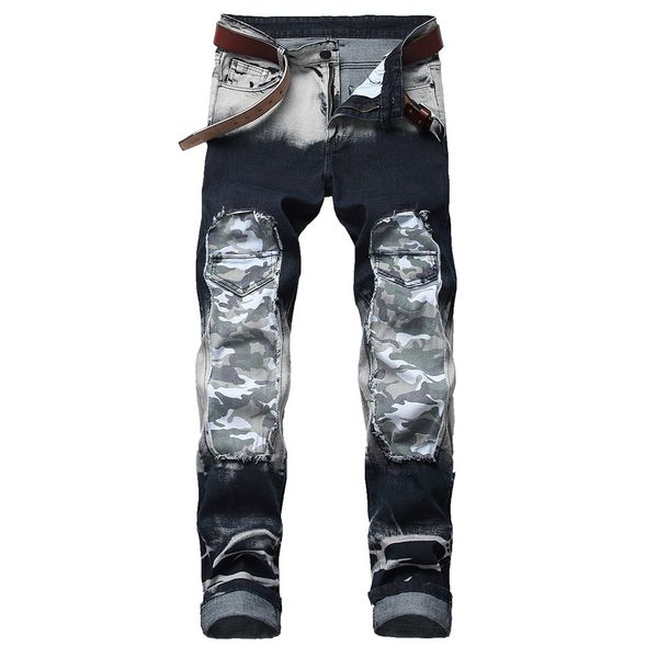 

jeans men's stretchy streetwear ripped skinny biker jeans camouflage taped slim fit denim pants trousers clothes, Blue