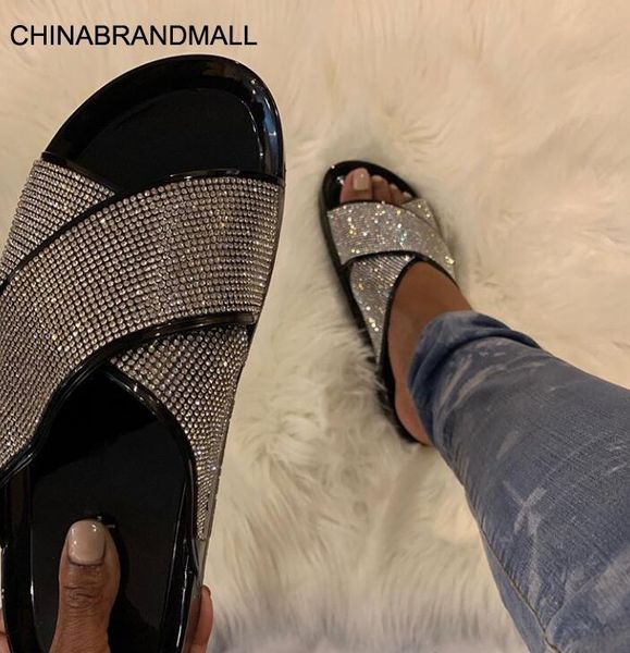 

2020 new open toe studded design women flat sandals sequined crystal beach snadals ladys sandalias de mujer verano, Black