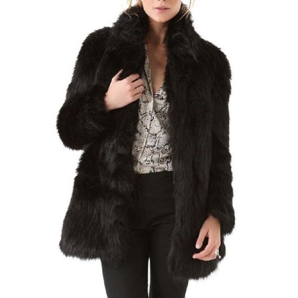 

women winter warm faux fur coat stand collar black fluffy long sleeves warm female tt@88