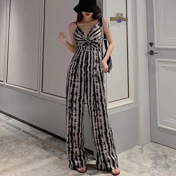

women's jumpsuits & rompers summer women deep v neck slim animals stripes pants one piece high waist sleeveless trousers, Black;white