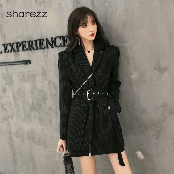 

spring new female striped blazer jacket female fashion sashes striped wild long section loose suit street wear, White;black