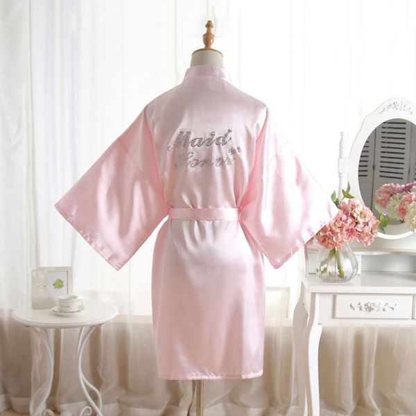 

maid of honor rhineston letter robe women bride bridesmaid wedding kimono robes sleepwear nightgown dress woman bathrobe pajamas, Black;red