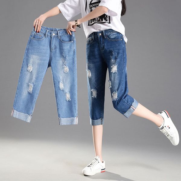 

women's streetwear loose jeans calf length roll up woman summer short denim pants korean bottoms clothes pantalon jean femme, Blue