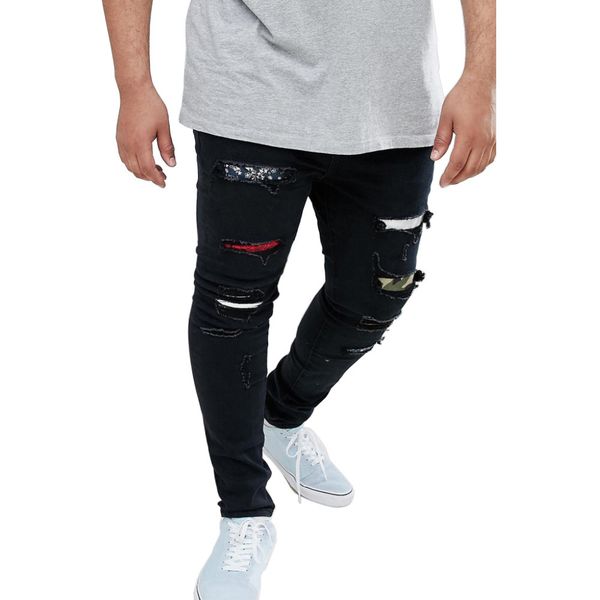 

mens holes ripped slim jeans black fashion rapper hiphop skateboard elastic jean pants pantalones, Blue