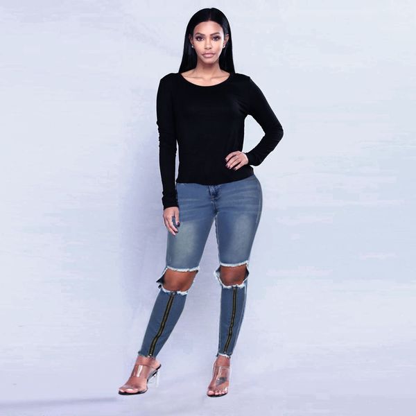 

destroyed jeans for women ripped jeans trousers stretchy slim leggings denim pants vaqueros mujer#g9, Blue