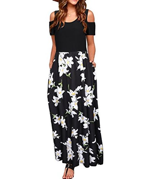

styleword women's summer cold shoulder floral print elegant maxi long dress with pocket, Black;gray