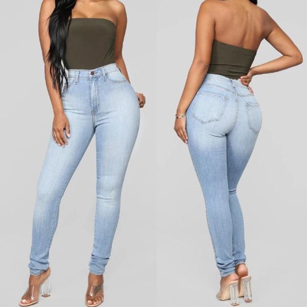 

fashion jeans women high waist elastic button high casual slim denim jeans trousers pencil pants mujer l42, Blue