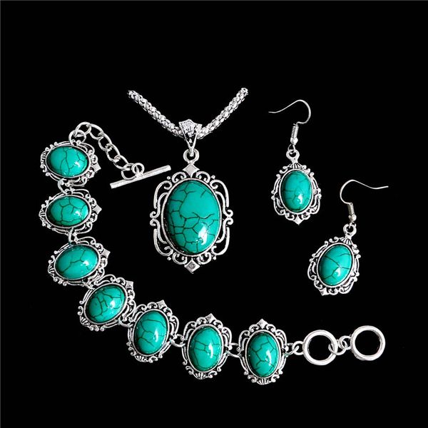 

shuangr fashion natural stone jewelry set vintage green fresh pendant necklace earrings bracelet for woman parure bijoux femme, Silver
