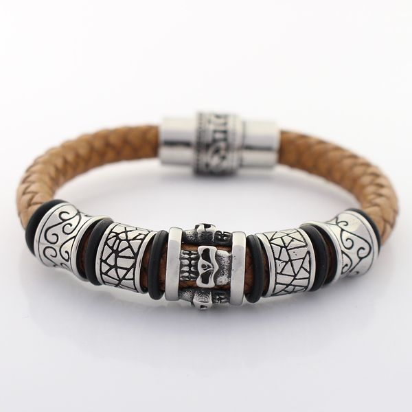 

8mm ретро из натуральной кожи браслет никогда не увядает из нержавеющей стали punk череп подвески из бисера браслеты ювелирные изделия для м, Golden;silver