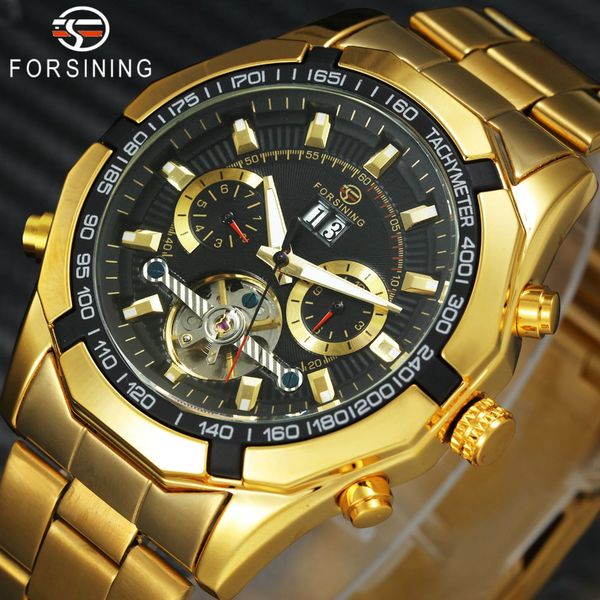 

forsining luxury golden men auto mechanical watches 3d design stainless steel tourbillion sub-dial multi-function winner watch, Slivery;brown