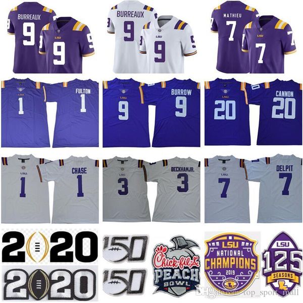 

ncaa lsu tigers joe burrow burreaux jersey jamarr chase kristian fulton odell beckham jr billy cannon tyrann mathieu grant delpit fournette, Black