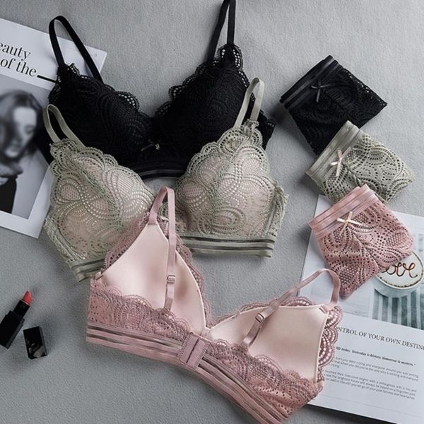 

wire lace bra set thin bralette panties set hollow out lingerie bra briefs soft underwear for women, Red;black