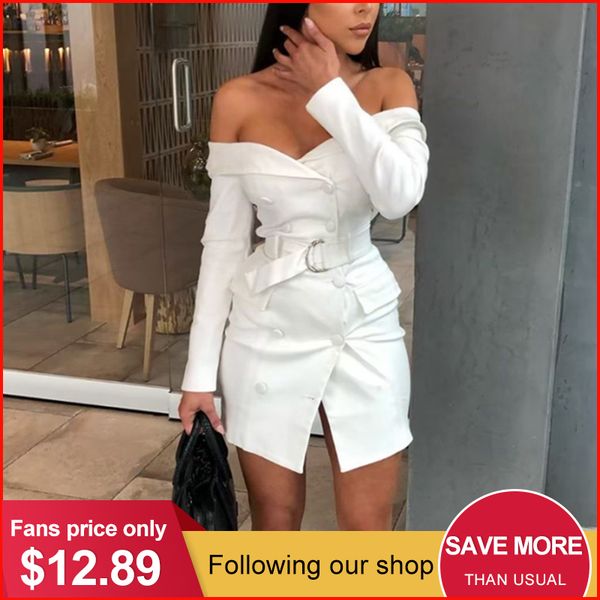 

glamaker white off shoulder belt blazer dress women party long sleeve bodycon dress fashion elegant club female short, Black;gray