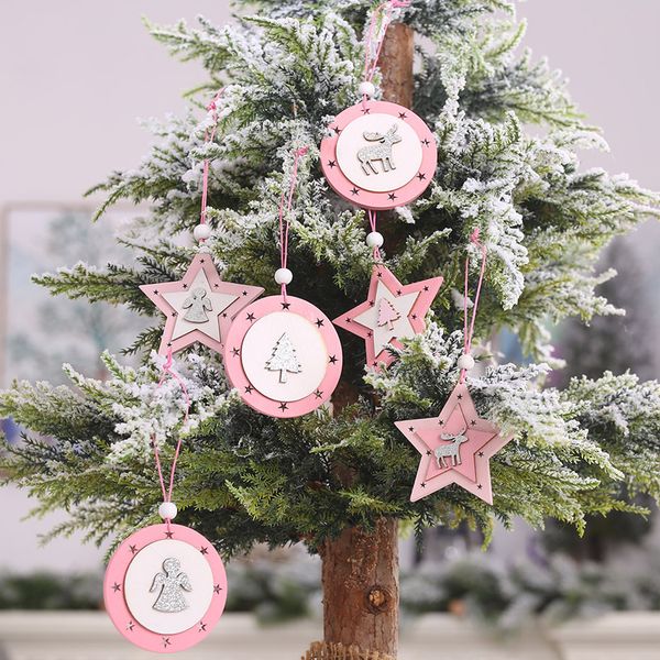 

new year natural wood christmas tree ornament wooden hanging pendants xmas tree decor star angel elk christmas decoration