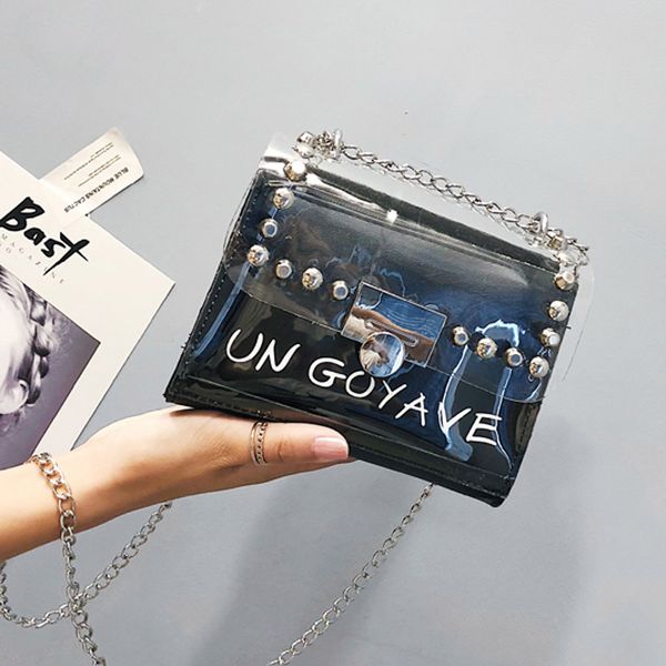 

fggs-women's new fashion shoulder bag rivet transparent ladies messenger bag shoulder small square