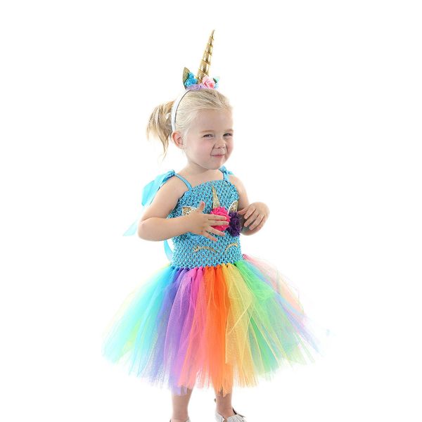 

retail kids designer dress girls tutu unicorn rainbow flower princess dress with headband baby girl halloween cosplay costume clothes, Red;yellow