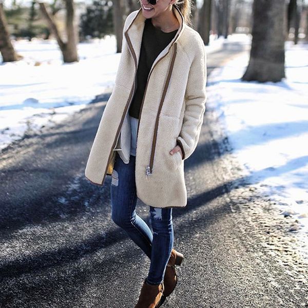 

winter women warm zipper fluffy cashmere coat outwear fleece jacket faux fur overcoats cardigans stand collar teddy coat, Black