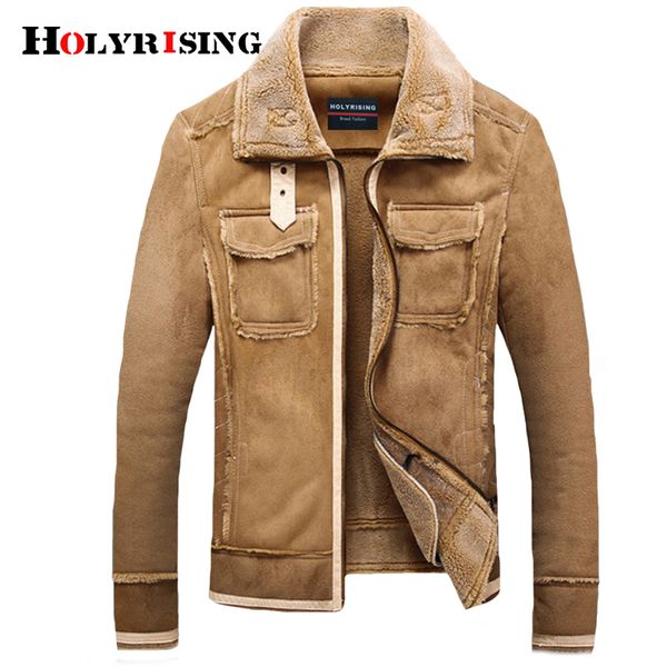 

holyrising men fur lamb jackets vintage pockets coats overcoat zipper male woolen coats soft leisure motorcycle jacket 18948-5, Black