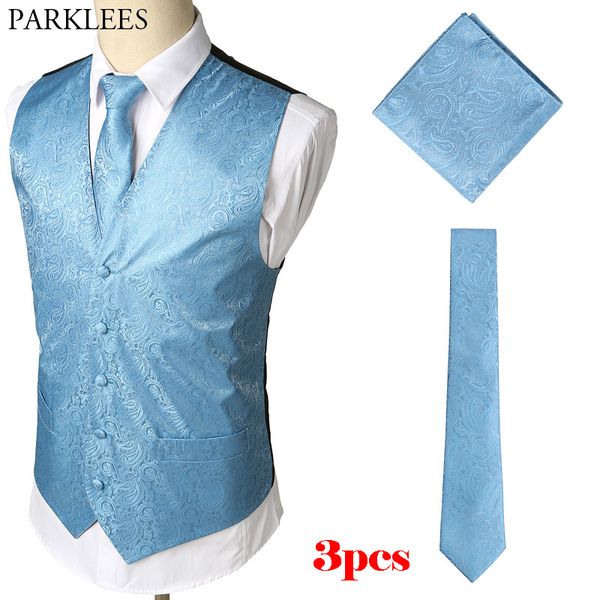 

men's classic paisley jacquard waistcoat vest hankerchief party wedding tie vest suit pocket square set, Black;white