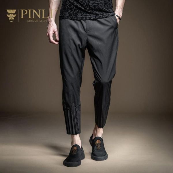 

pinli 2020 summer new slim little feet frill business solid color casual men's ankle-length pants pencil pants b202217198, Black
