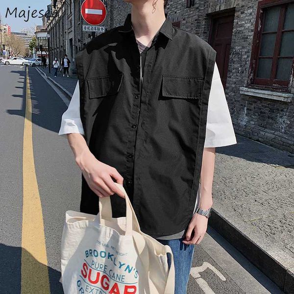 

men shirts short sleeve turn-down collar patchwork fake two piece pockets bf streetwear ulzzang chic vintage loose casual simple, White;black