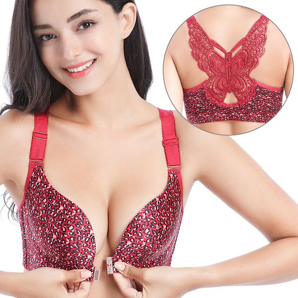 

women front closure lace bra tight lingerie push up bra comfortable breathable beauty butterfly shape lace back, Red;black