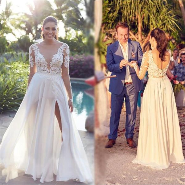 

beach wedding dresses 2021 high split chiffon illusion lace bodice sheer deep v neck floor length bridal gowns bohemian, White