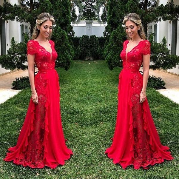 

Gorgeous Lace Long Prom Dresses Red Deep Neck Cap Sleeve Maid Of Honor Gowns Chiffon Floor Length Bridesmaid Dress 2019