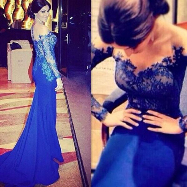 

2019 royal blue evening gowns dresses with long sleeve mermaid appliqued formal vestidos para festa custom made, Black;red