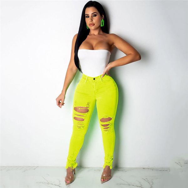 

autumn women casual hole jeans high waist multiple color skinny pant pencil jeans slim ripped female girls trousers, Blue
