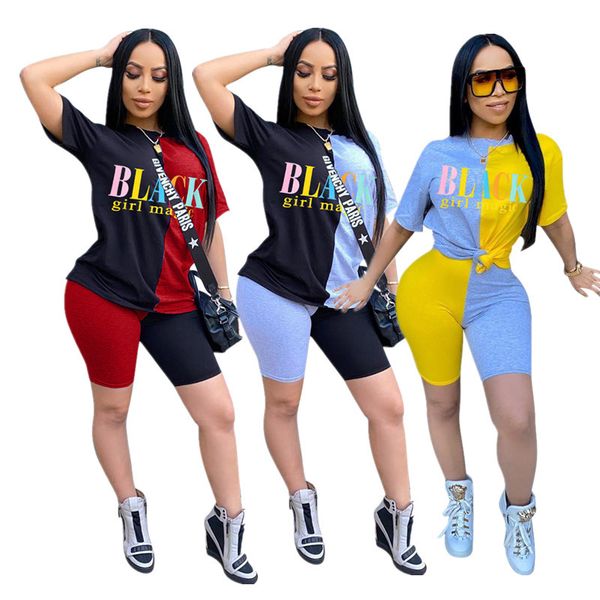 

fashion women shorts tracksuit black letter print patchwork short sleeve t shirt + shorts 2 piece set outfits summer sports suit 2020, White