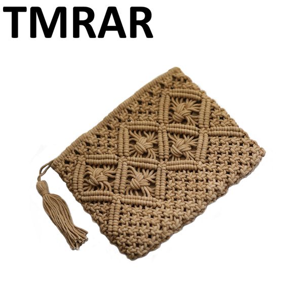 

2019 new classic hollow out clutch knitting bag with tassel popular lady cotton rope handbags women chic summer bags qn421