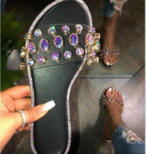 

women summer beach sandals flats shoes woman clear transparent crystal deco slippers sandalias mujer sapato feminino d098, Black