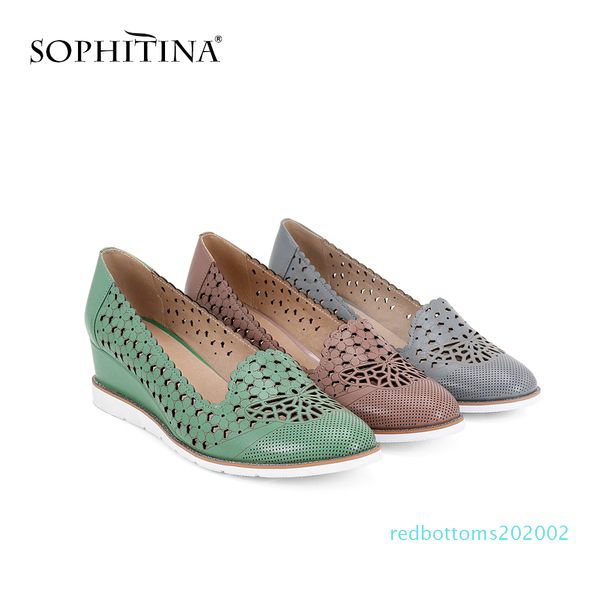 

sophitina women's new pumps high wedges genuine leather hollowing out round toe casual shoes handmade slip-on shallow pumps sc40 r02, Black