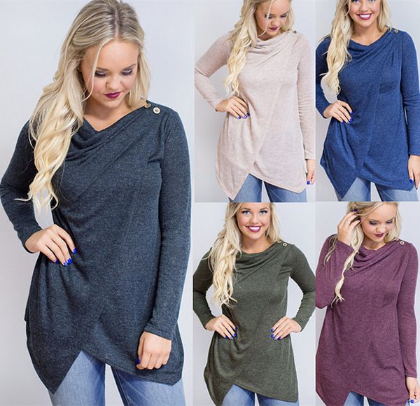 

plus size women fashion irregular flakes tunics t-shirts with button wraps long sleeve female cross blouse fall winter ln1223, White