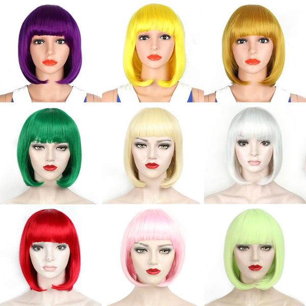 

10'' synthetic straight short bob wigs for women bangs blue golden red black white purple pink green brown cosplay party wig