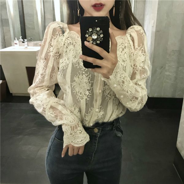 

women clothes lace blouses collar hook slash neck mesh pearls slash neck shirts strapless lace bottoming stitching blouse single, White