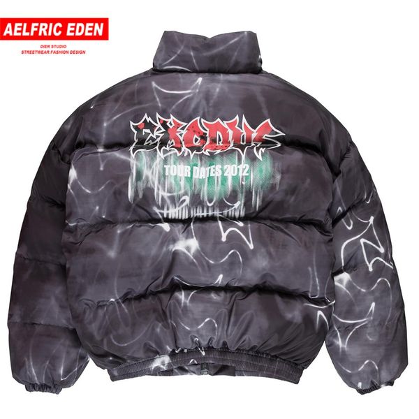 

aelfric eden hip hop graffiti tie dye thick padded parkas streetwear harajuku winter hipster punk rock casual windbreaker jacket, Black