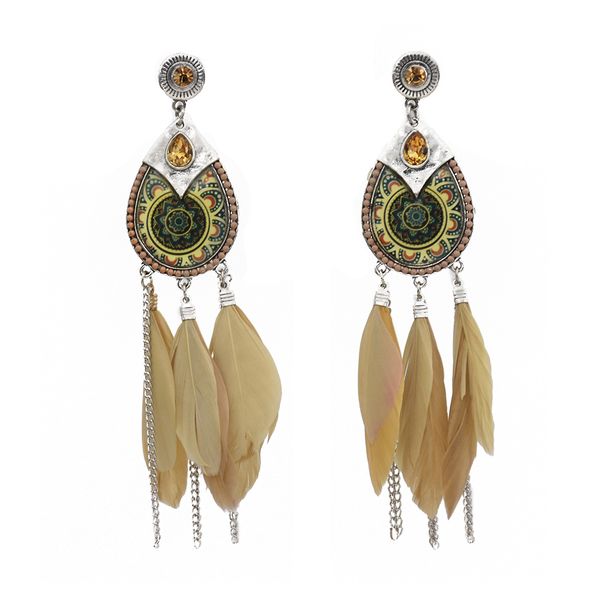 

6 color bohemian style glass flower with colorful feather tassel chain dangle earrings for women gift, Silver