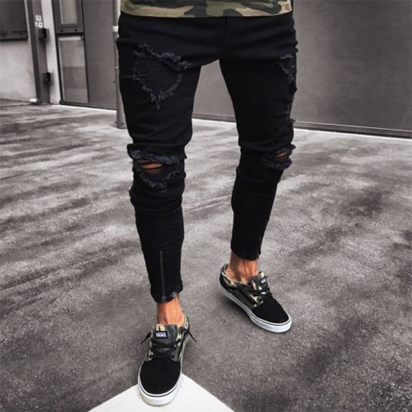 

2019 mens cool designer brand black jeans skinny ripped destroyed stretch slim fit hop hop pants with holes for men dropshipping, Blue