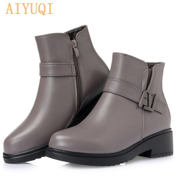 

boots aiyuqi women genuine leather winter wedge thick wool warm ankle large size 43, Black