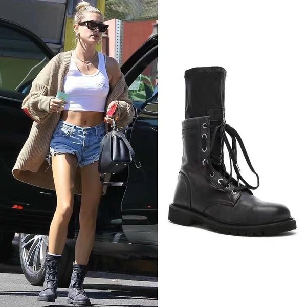 

shoes woman leather short boots round toe middle boots lace-up cool girl winter shoes platform chaussures femmes de mujur, Black