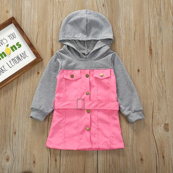 

2020 spring and autumn new girls long-sleeved hooded jacket 1-5 year old girl single-breasted belt stitching hooded jacket top, Blue;gray