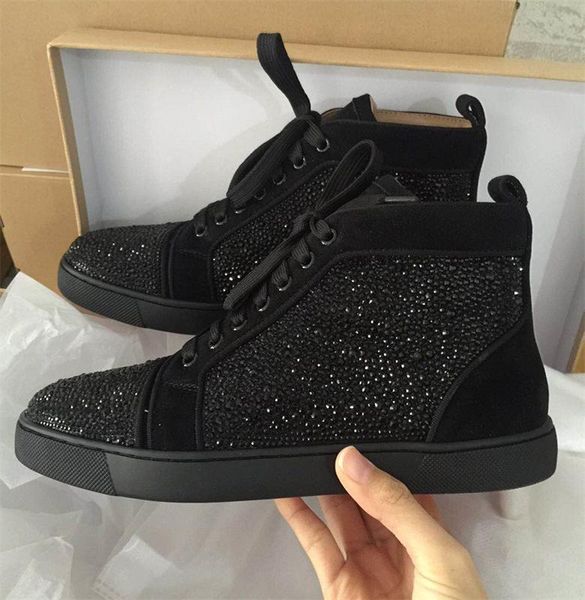

red bottom sneaker designer studded spikes flats shoes luxury ankle boots casual shoes high real leather trainers with box, Black