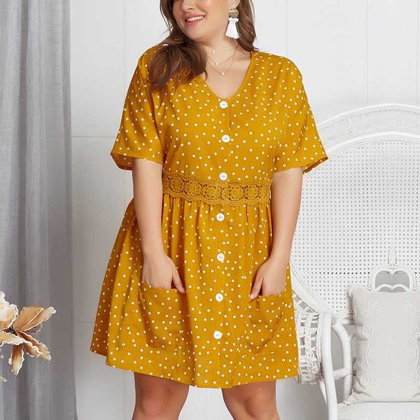 

summer mini robe dress women 2019 v-neck lace retro beach print polka dot pocket large size dress vestidos boho for women, Black;gray