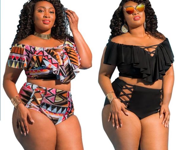 esporte Top além de Big Bikini Define cintura alta imprimir biquíni um ombro de multi corda gordura swimwear painel de cores múltiplas Sexy elegante flexível grande