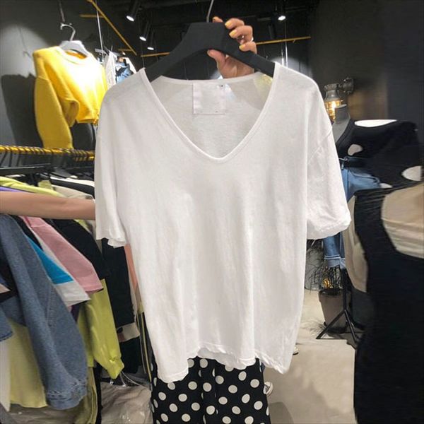 

v-collar t-shirt female 2020 summer solid color loose base shirt short-sleeved all-match ins headdress underpants headdress fashion, White