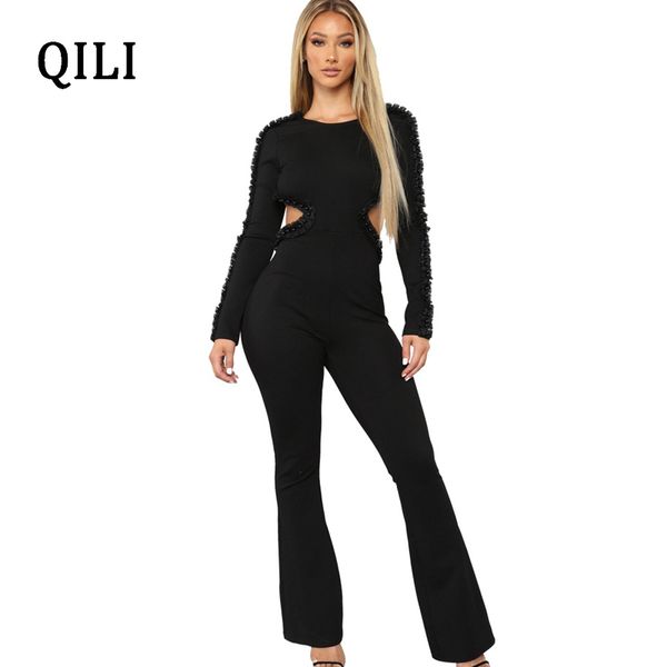 

qili hollow out backless women elegant beading jumpsuits autumn winter long sleeve boot cut pants jumpsuit fashion casual wear, Black;white