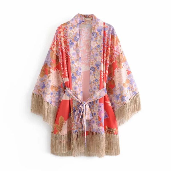 

women's chiffon blouse loose tassel kimono floral print cardigan thin section chiffon sun protection clothing jacket female, Black;brown